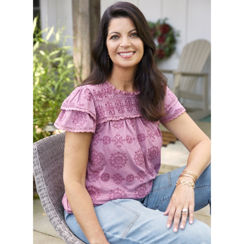Good Hart Fairyland Loop Top Women L Mauve Pink Excellent Smocked Embroidered